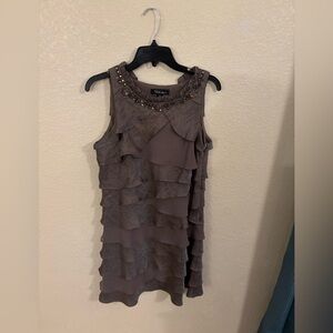 S.L. Fashions Brown Ruffle Dress with Beaded Neckline